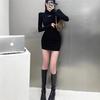 Sweet Spice Girl Black Long Sleeve Dress Women's Autumn and Winter New Waist Bottom Short Skirt Pure Desire Wind Hip Wrap Skirt