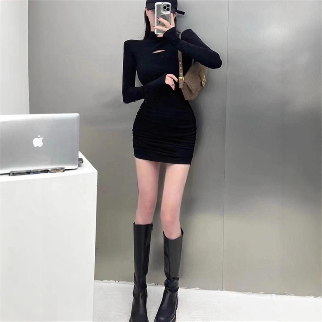 Sweet Spice Girl Black Long Sleeve Dress Women's Autumn and Winter New Waist Bottom Short Skirt Pure Desire Wind Hip Wrap Skirt