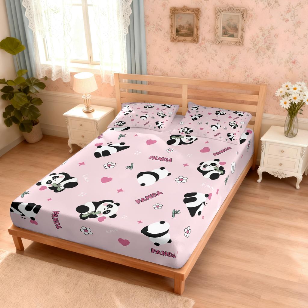 3pcs Cartoon Panda Pink Printed Coreless Bed Sheet Set, Multi Size Comfortable Bed Cover, Bedroom Bedding Decoration