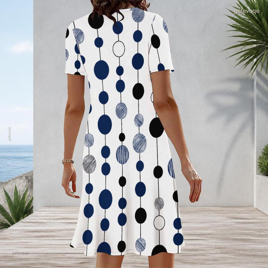 Women s Plus Size White Blue Polka Dot Printed Round Neck Short Sleeve A Line Dress