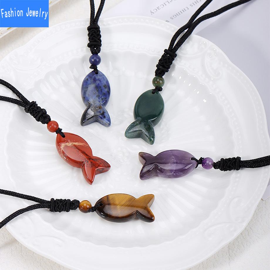 Niche unique design natural agate stone fish pendant crystal braided necklace jewelry