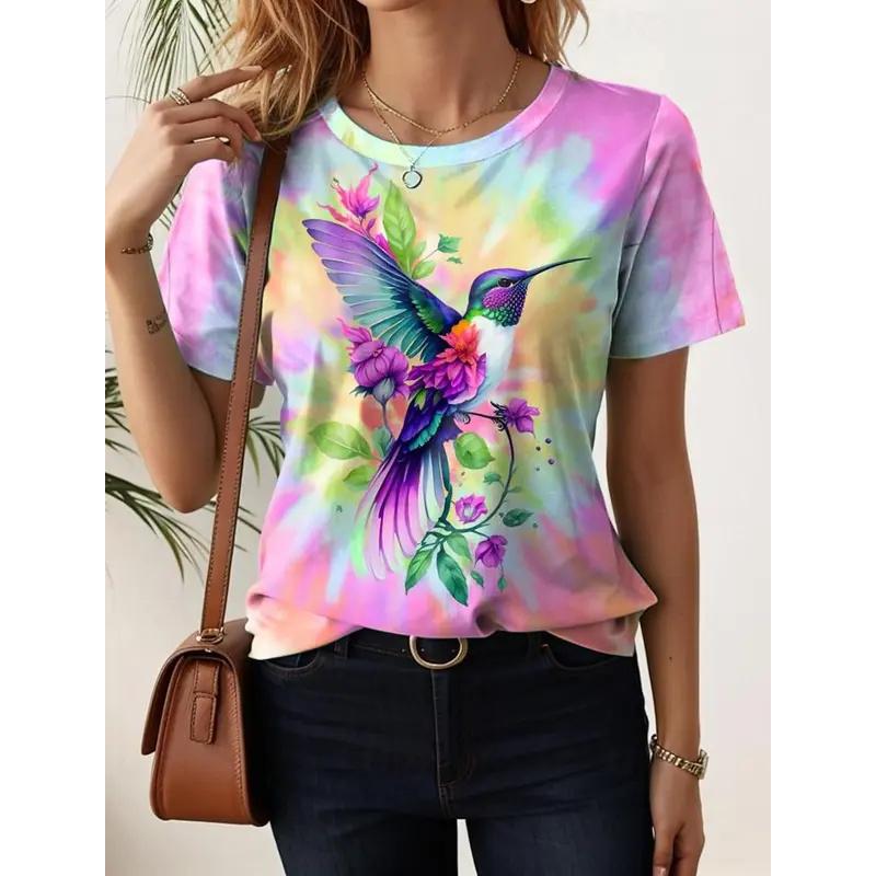 Dámské letní tričko s krátkým rukávem a vzorem kolibříků, módní sexy dívčí oblečení, tištěné tričko s potiskem Y2k, ležérní oblečení Wowen