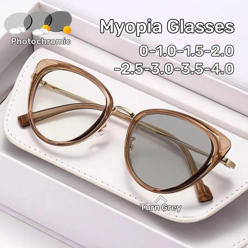 Fashion Cat-Eye Photochromic Myopia Glasses Retro Large Frame High Definition Minus Diopter Eyewear for Men Women