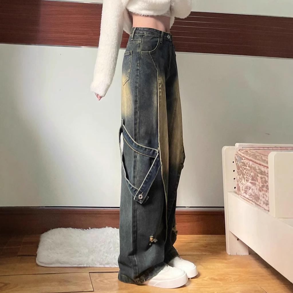 American High Street Retro Hiphop High Waist Jeans Women's Summer Loose Design Sense Niche Straight Wide Leg Pants Tide