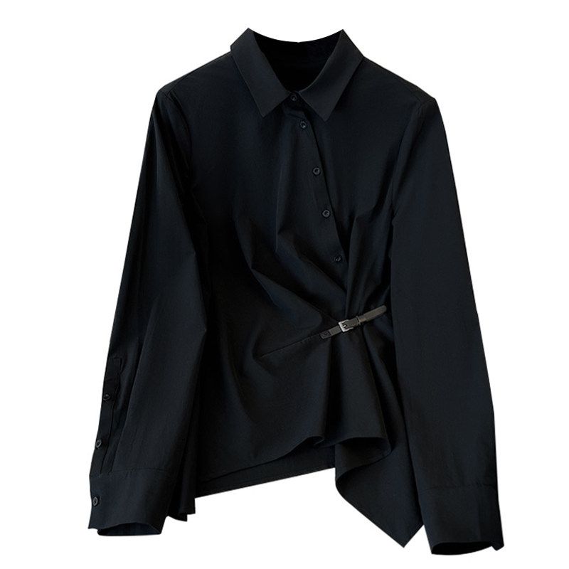 Cara Black Waist-Tight Slim Looking Irregular Long Sleeve Shirt Black M