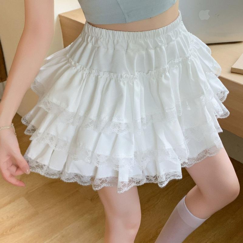 White lace cake fluffy skirt women's sweet skirt A-shaped skirt high waist and thin anti-light ballet skirt