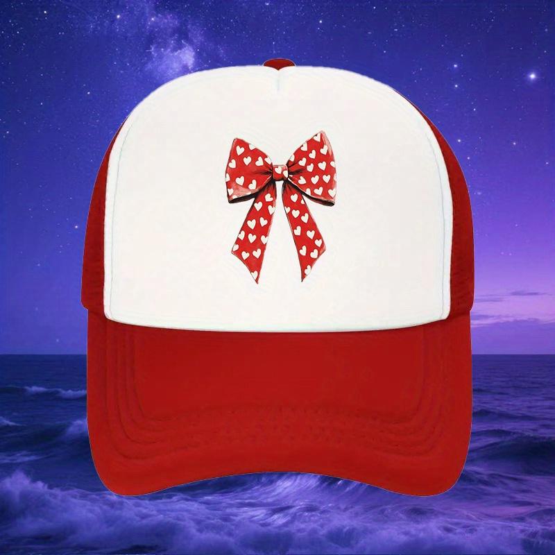 

Heart Print Bow Tie Red White Mesh Trucker Hat Casual Polyester Baseball Cap Adult Gift One Size