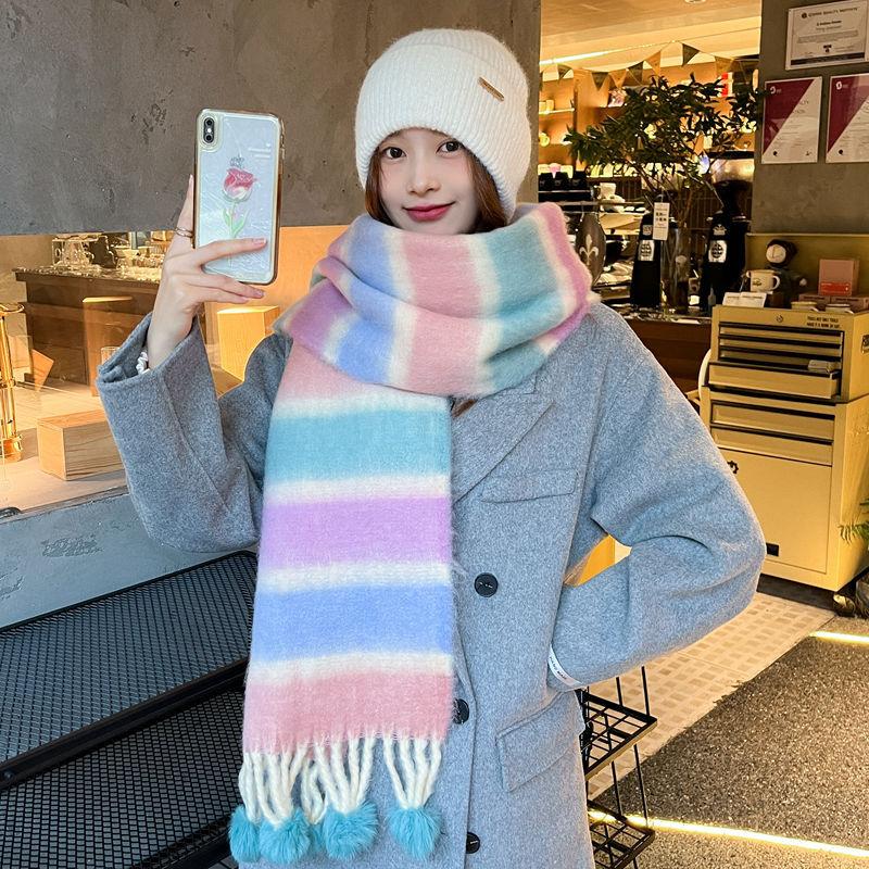 Rainbow scarf versatile couple mohair hanging hair ball dopamine winter Korean version thickened atmosphere couple shawl