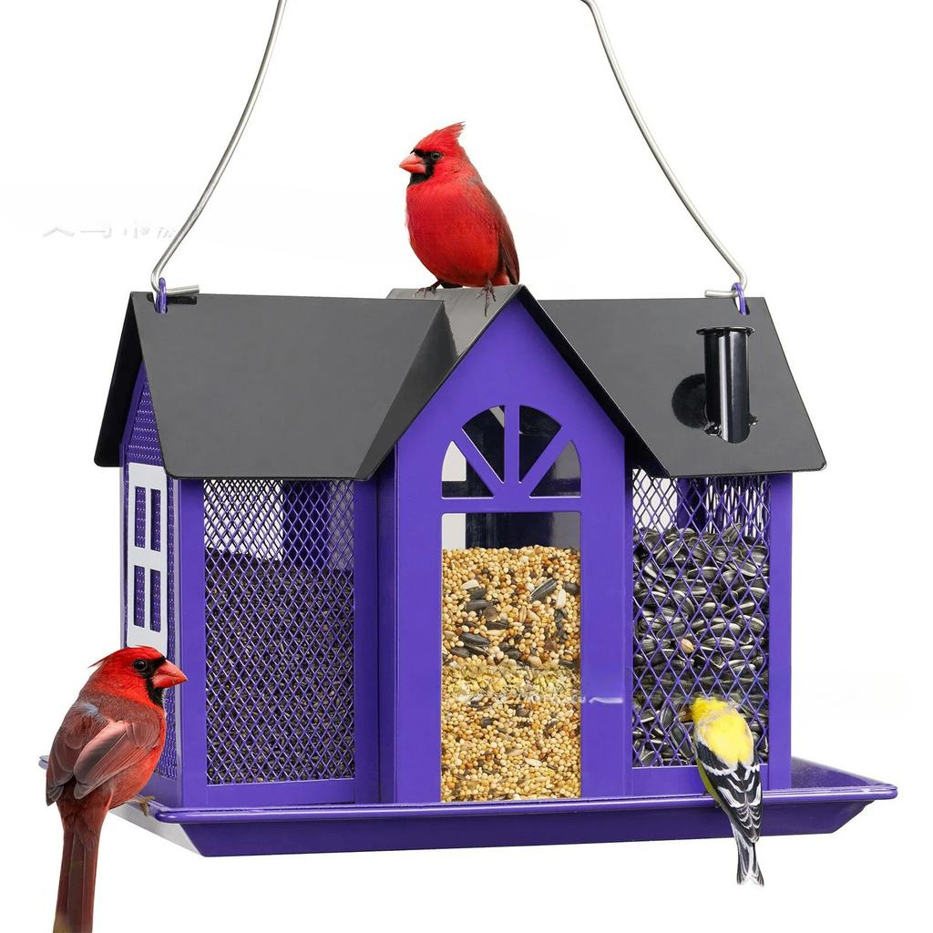 Vibrant Red Metal Bird Feeder House - Triple Feeding Station with Weather-Resistant Design, Attracts Cardinals, Sparrows