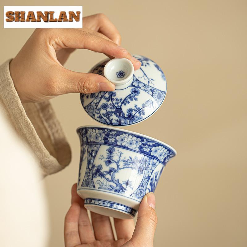 170ml Jingdezhen Antique Blue And White Gaiwan Aesthetic Twelve Gods Of Flowers Tea Tureen Tea Making Cover Bowl Cafes Tea Craft