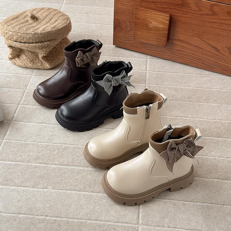 Girls Winter Warm Faux Leather Martin Boots With Bow Detail Low-Cut Side Zip Snow Kids Ages 1-12
