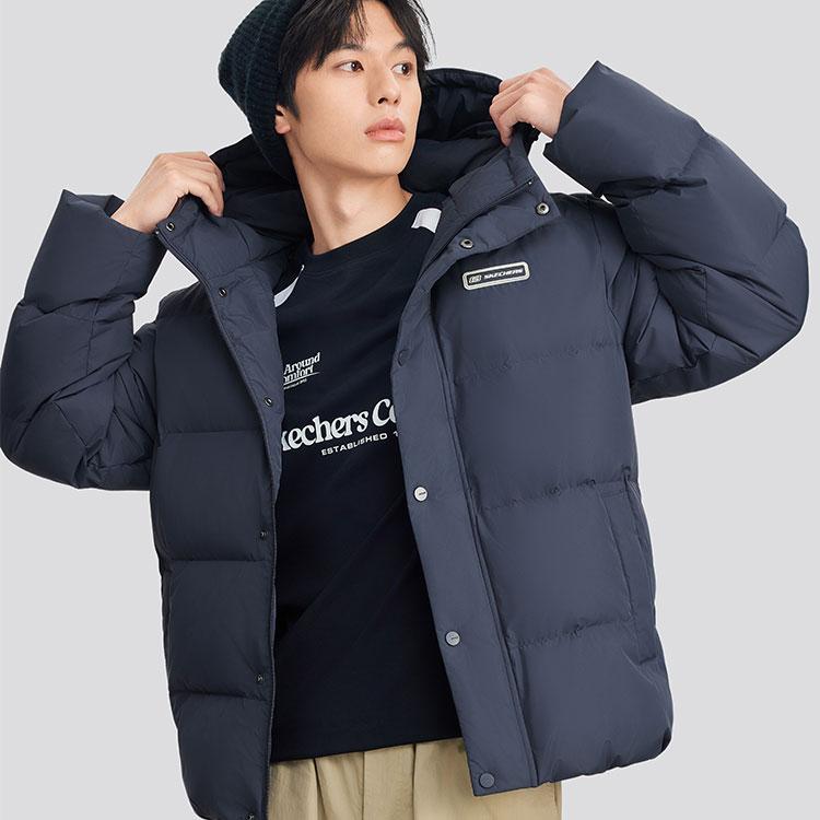 Skechers Windproof Waterproof Oil-Resistant Teflon Three-Proof Warm Duck Down Hooded Jacket Unisex Jacket Odyssey-Gray L324U154-026R