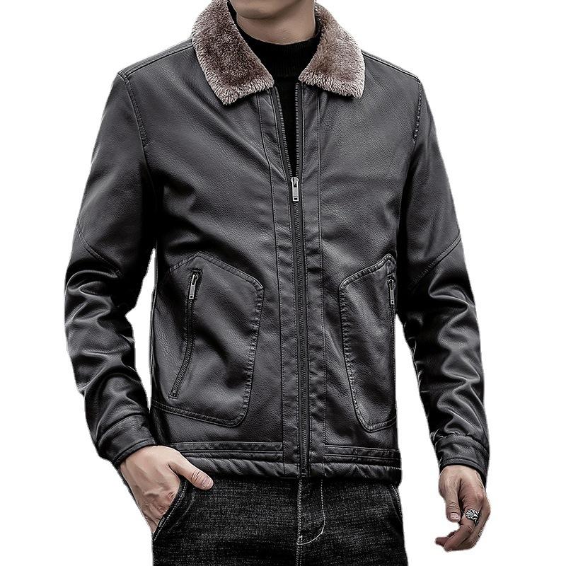 Winter-Lederjacke für Herren, neues Revers für mittlere und ältere Menschen, mit Plüschfell und Fell, integriert mit fetter, übergroßer Herren-PU-Lederjacke