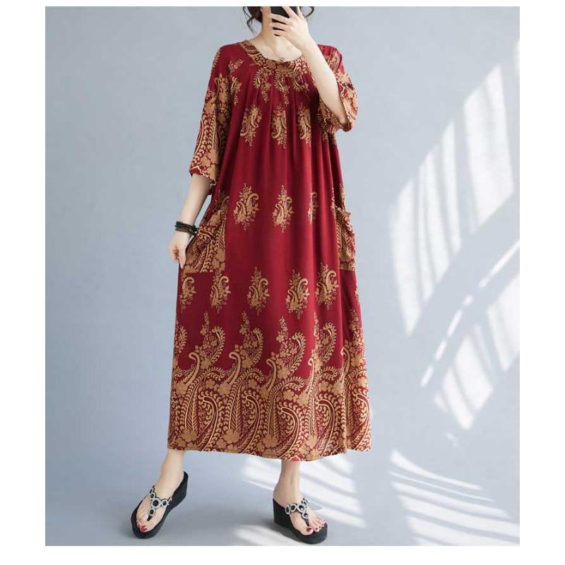 Neue Große Größe Literarischer Rundhals Locker Blumencover Fleisch Dünne Kleider