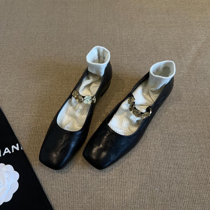 Sheepskin Version~ Retro Gold Coin Black Small Leather Shoes with Light Mouth Square Head Low Heel Mary Jane Single Shoes Women