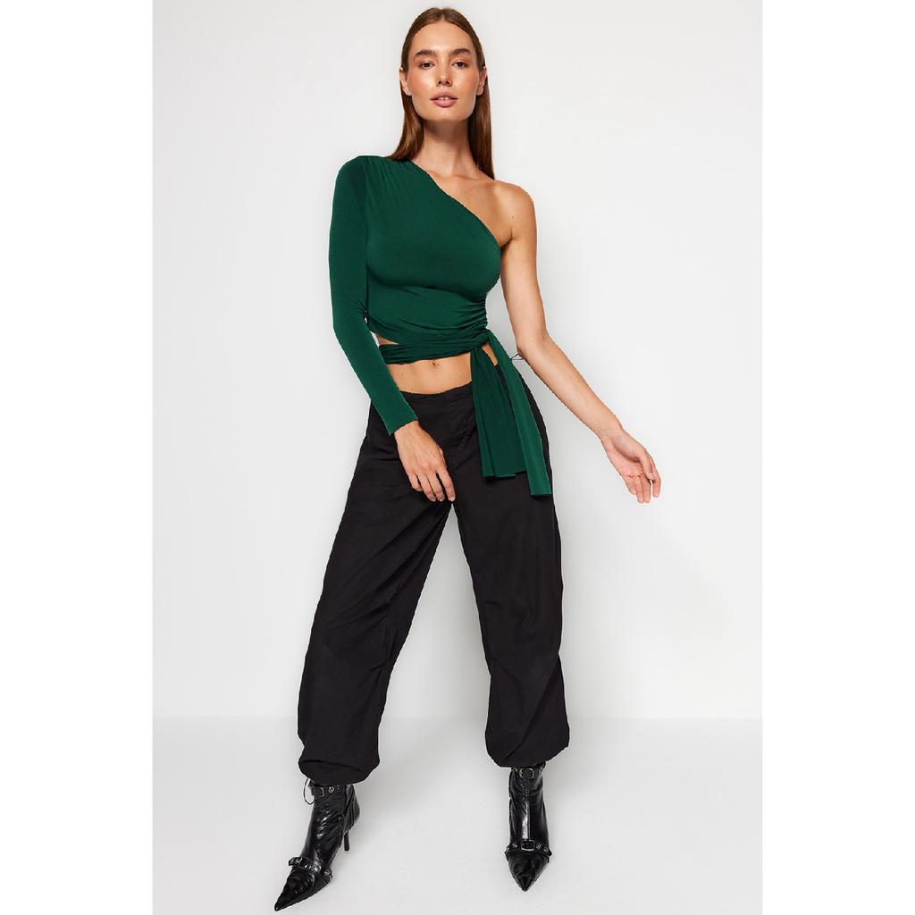 Claret Red Slim Tie Detailed Single Sleeve Crop Stretchy Knitted Blouse Twoaw23bz00094