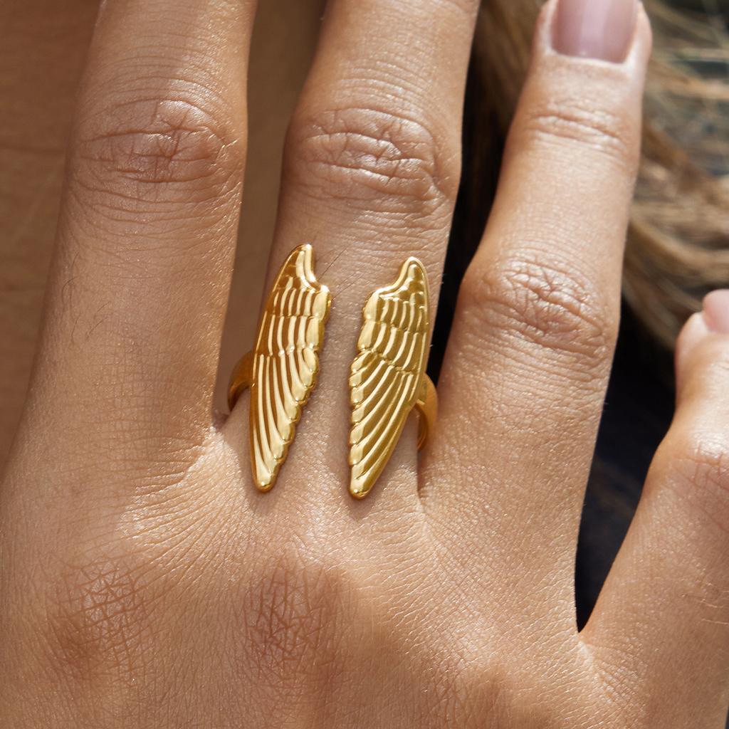 Yori Statement Stainless Steel Angel Wings Open Ring Fashion Trendy Waterproof Daily Jewelry Gift Wholesale 2025 New