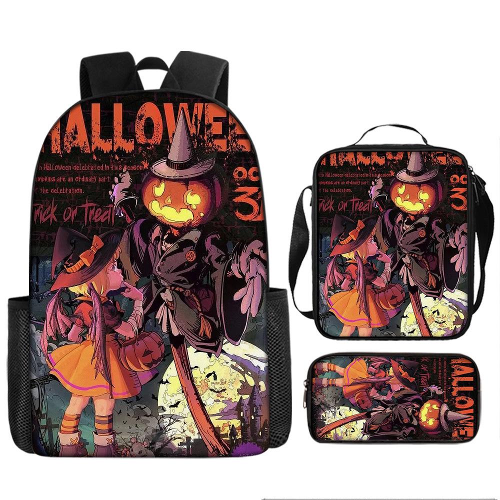 Halloween Backpack Pumpkin Ghost 3-Piece Set Schoolbag Kids Shoulder Bag Cute Bookbag for Boys Girls
