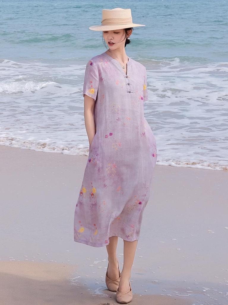 Retro Artistic Ramie Print Qipao Dress – V-neck, Short Sleeve, Mid-Length, Chinese Style for Summer