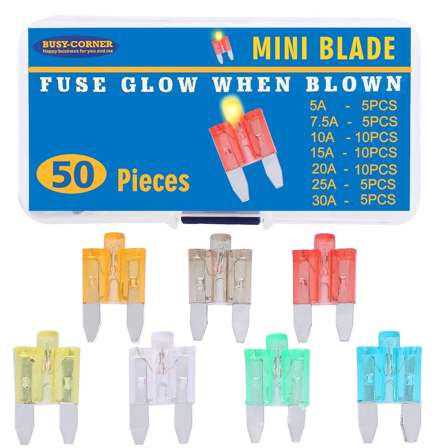 BUSY-CORNER Mini Blade Automotive Fuse Glow When Blown Smart Auto Glow Fuse Easy Identification - 50 Pieces