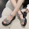 Xiaoxiangfeng pearl sandals women's summer new niche dissolving thick-soled wide fat feet sports beach Roman shoes