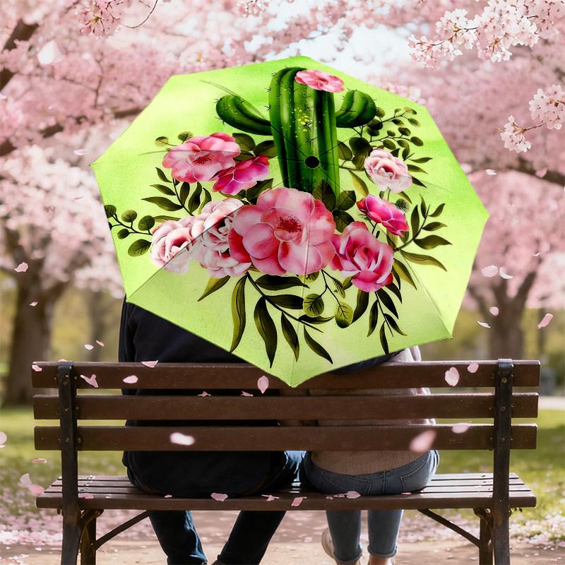 1pc Cactus Flowers Automatic Folding Umbrella, Heavy Duty 8 Rib Iron Frame,  Suitable for Travel, Daily Use, Birthday, Decor Gift M0104049