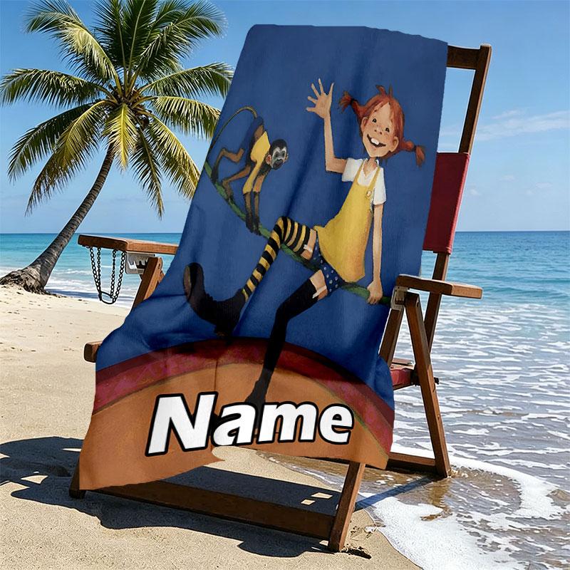 Custom Name Personalized Pippi Longstocking Print Beach Towel, for Trip Camping Beach Party Home Decor, Birthday Gift for Family & Friends