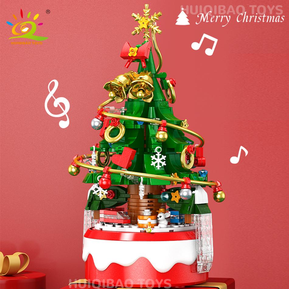 Children Mini Christmas Tree Santa Claus Music Box Model Micro Bricks Building Block DIY Bricks Toys for Adult Gift