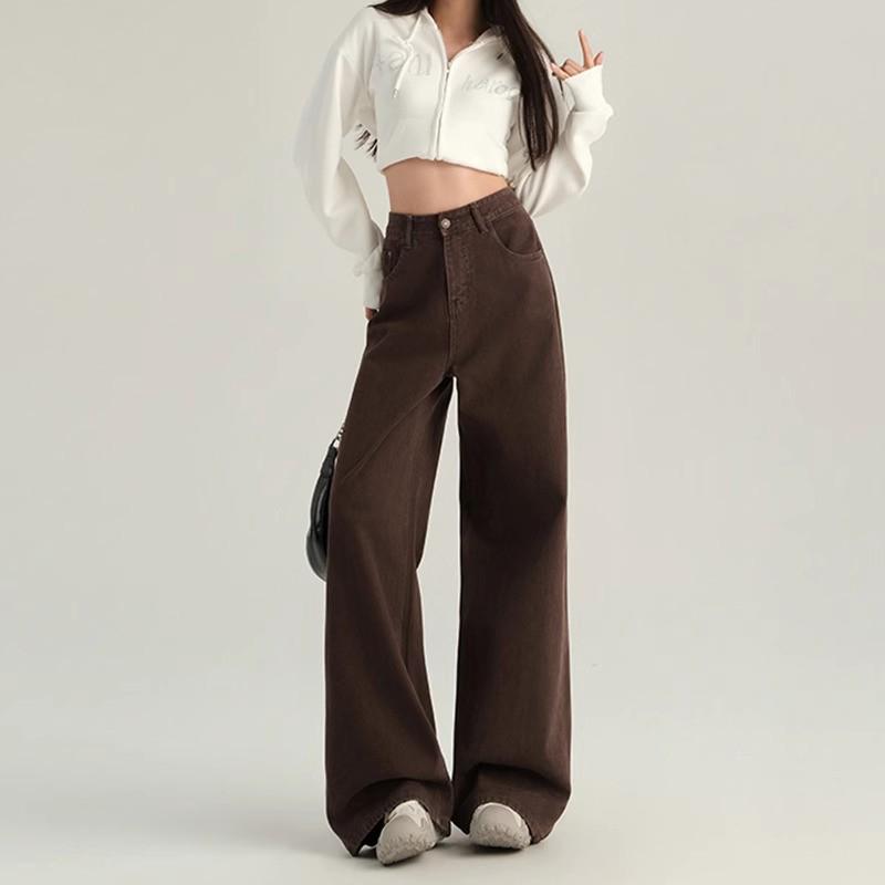 Women's Coffee Wide-Leg High-Waist Jeans - Trendy, Versatile, Slimming, Casual Drape Pants