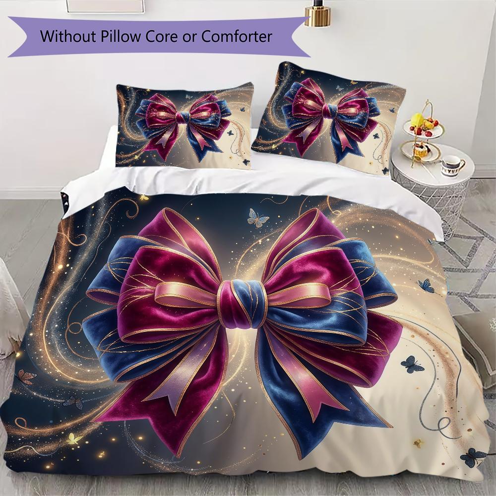 Plaid Bow Pattern Bedding Uilt Set Uilt Cover Pillowcase Home Decoration Birthday Gift (1 * Duvet Cover + 2 * Pillowcase Without Core)