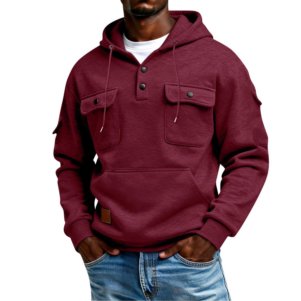 Men's Winter Solid Color Button-Down Collar Multi-Pocket Hoodie Men's Sports Plus Size Casual Sweatshirt