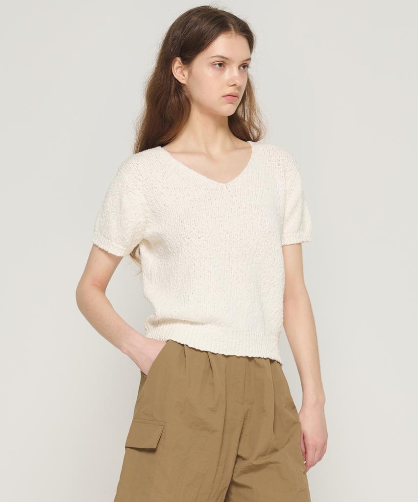CARGOBROS FOR WOMAN Boucle V-Neck Short Sleeve Knit (Ivory)