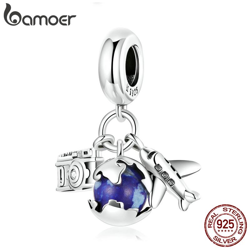 Bamoer Genuine 925 Silver Travel Round the World-Mini Camera Pendant Fit for Bracelet or Bangle Plane Charms Jewelry