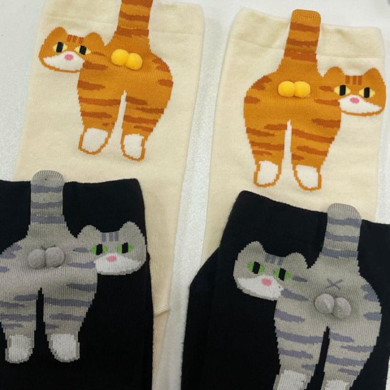 גרבי אמצע באורך עם עקב חתול מצויר חמוד, כדור פרווה תלת-ממדי, גרבי כיף