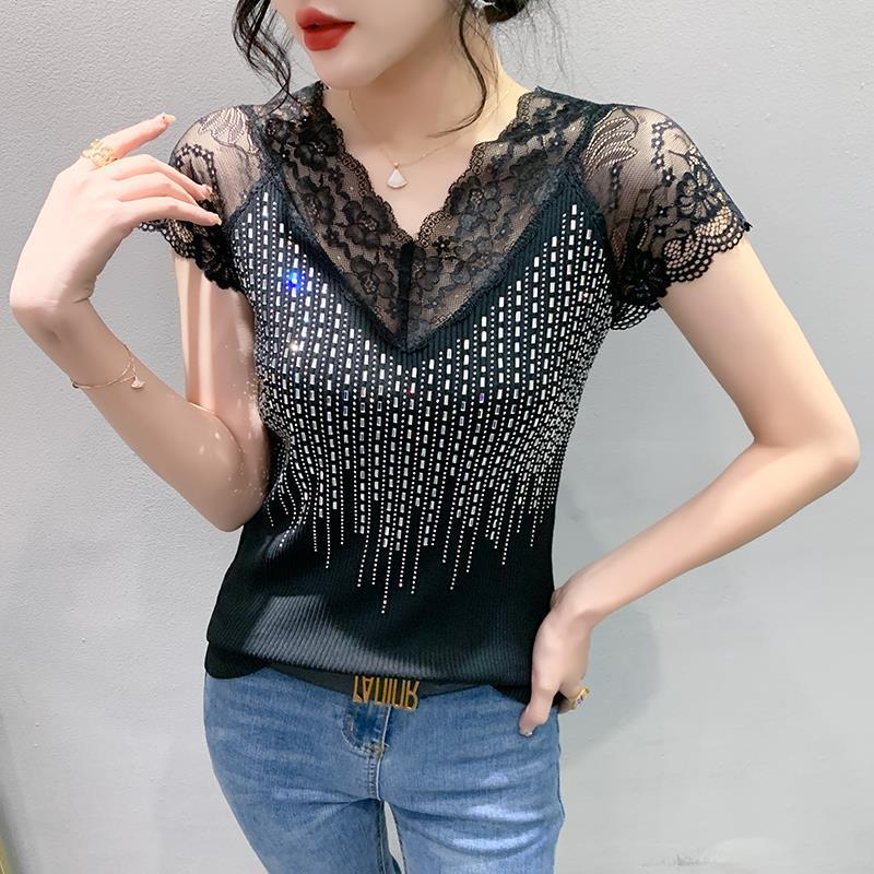 2023 Summer Women's Sexy Lace Slim-Fit Hollow-Out Short Sleeve T-Shirt