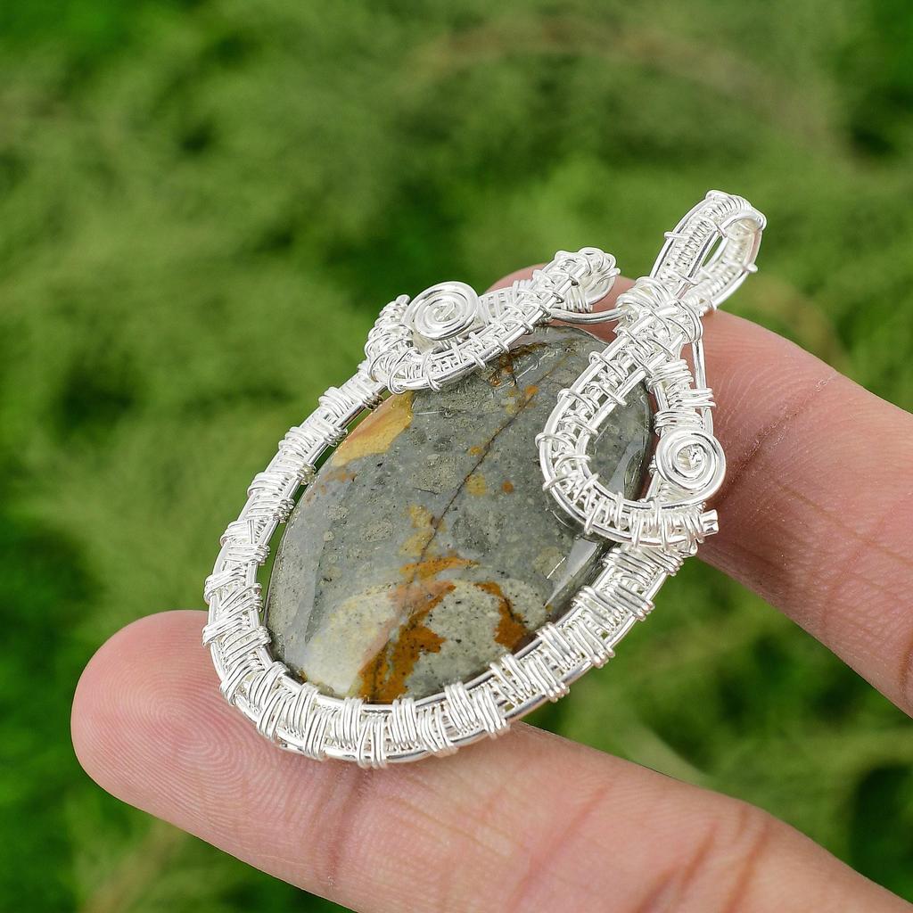 925 Sterling Silver Oval Polychrome Jasper Stone Boho Wire Wrap Pendant Jewelry