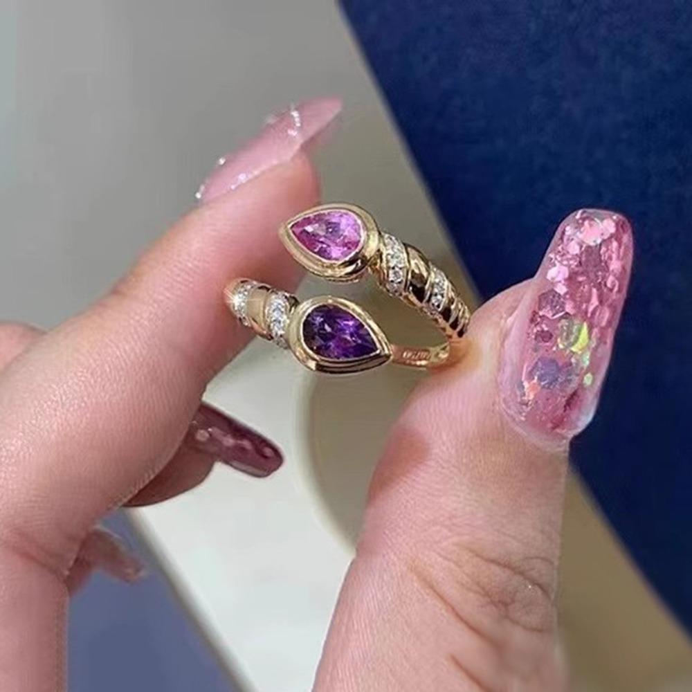 Vintage Snake Ring with Teardrop Pink Purple Stones Double Head Open Ring Minimalist Jewelry for Women adjustable
