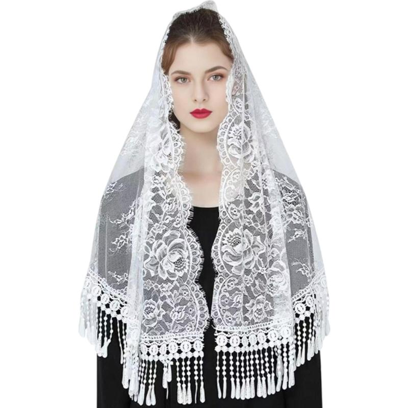 

Fashion Mantilla Wedding Party Shawl for Woman Lace Trim Wrap Casual Scarves Shawls Veil Foulard Female Mantilla білий