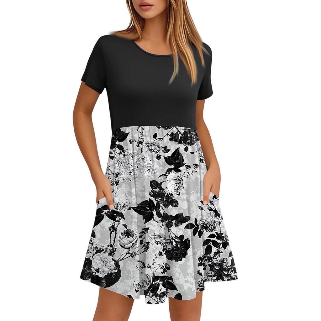 Women's Fashion Casual Loose Round Neck Short Sleeve Printed Pocket Dresses