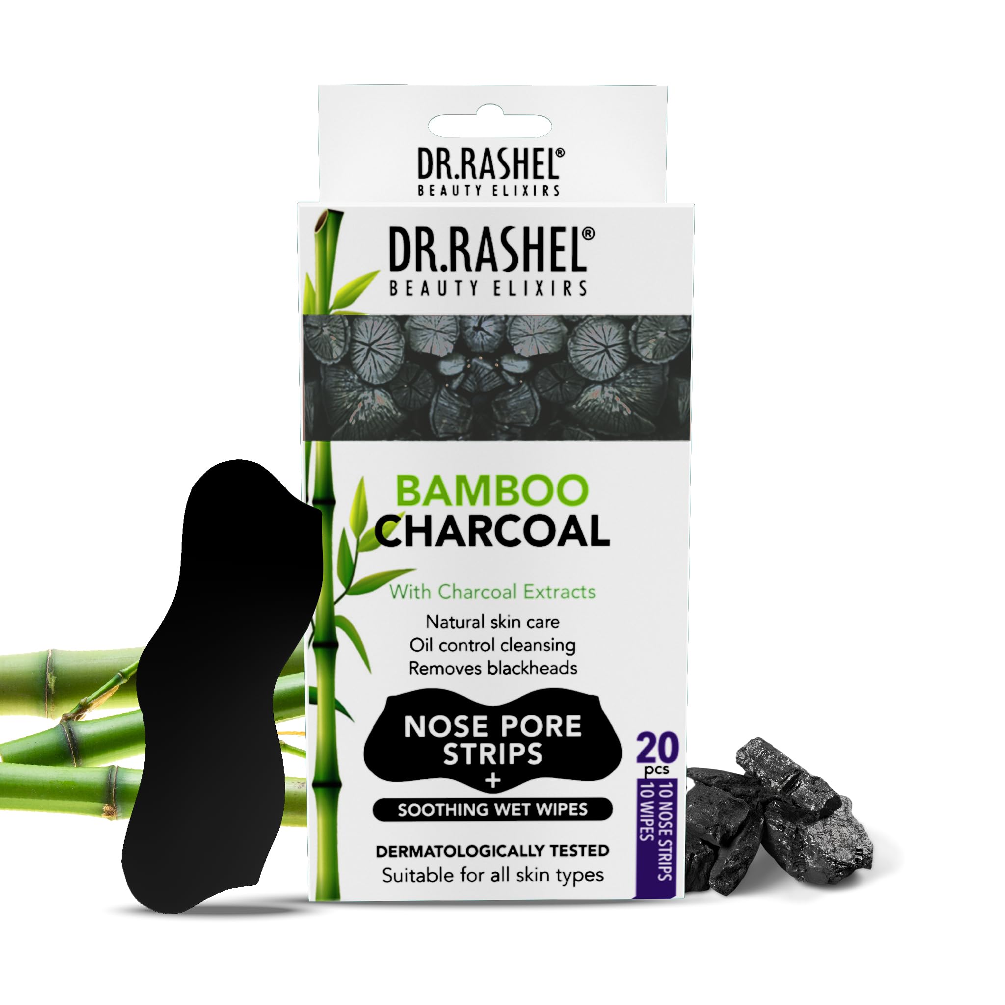 DR.RASHEL Bamboo Charcoal Nose Pore Strips | Activated Charcoal | Painless Blackhead Removal, Oil Control & Deep Dirt Cleansing | 20 PCS