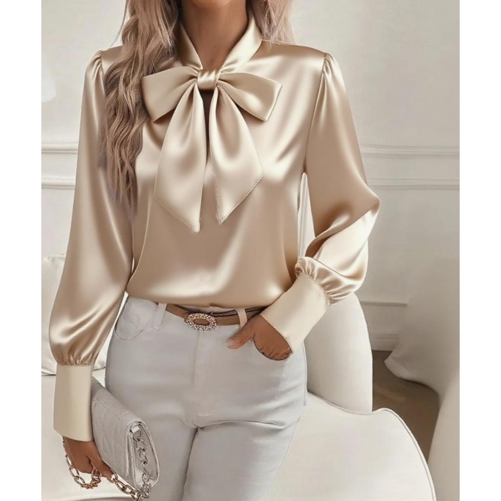 Standing Collar Bow Long Sleeved Women's Satin Shirt, Elegant and Slim Fit, Suitable for Commuting To Work