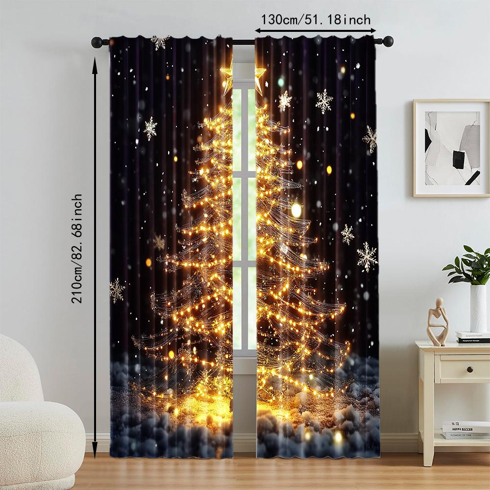 2Pcs Golden Christmas Tree Print Curtains Rod Hole Design For Easy Hanging Perfect For Living Room Bedroom Office Polyester Home