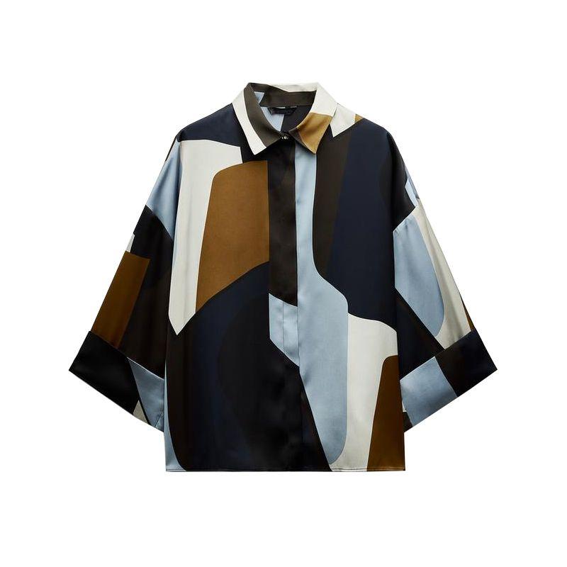 

Spring New Women s Clothing Idle Style Loose Silk Satin Texture Print Shirt Short Tops 2480124 Black L