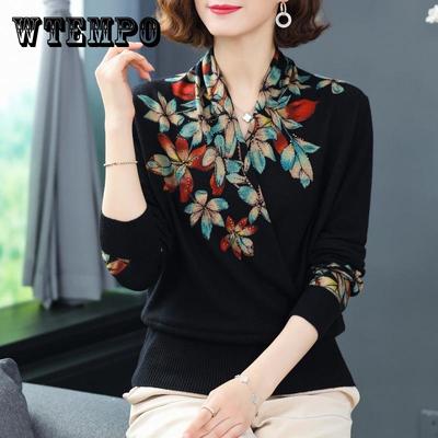 Pull en tricot à motif imprimé pour femme, automne et hiver, col rond, manches longues, chemise ample, mode assortie avec tout, vêtements pour femmes