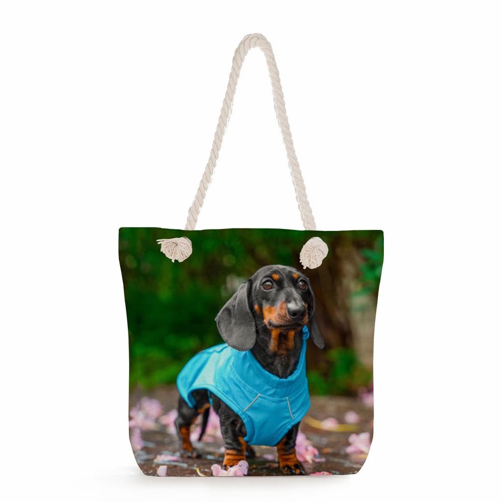 Sausage dog print thick rope single-shoulder beach bag 7274 CLE