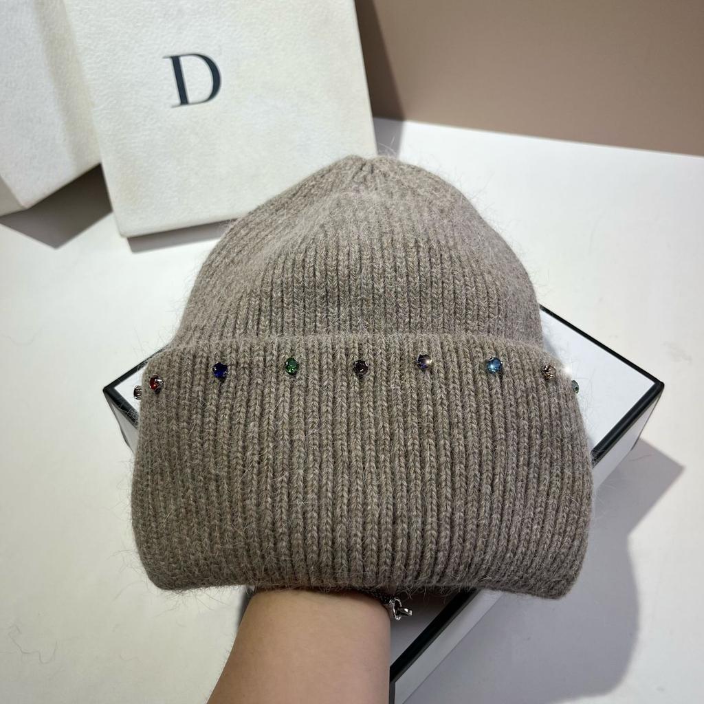 Russian Winter Warm Rabbit Hair Knitted Hat Celebrity Light Luxury Small Diamond Double Fold Wool Hat Women'S Outdoor Windproof