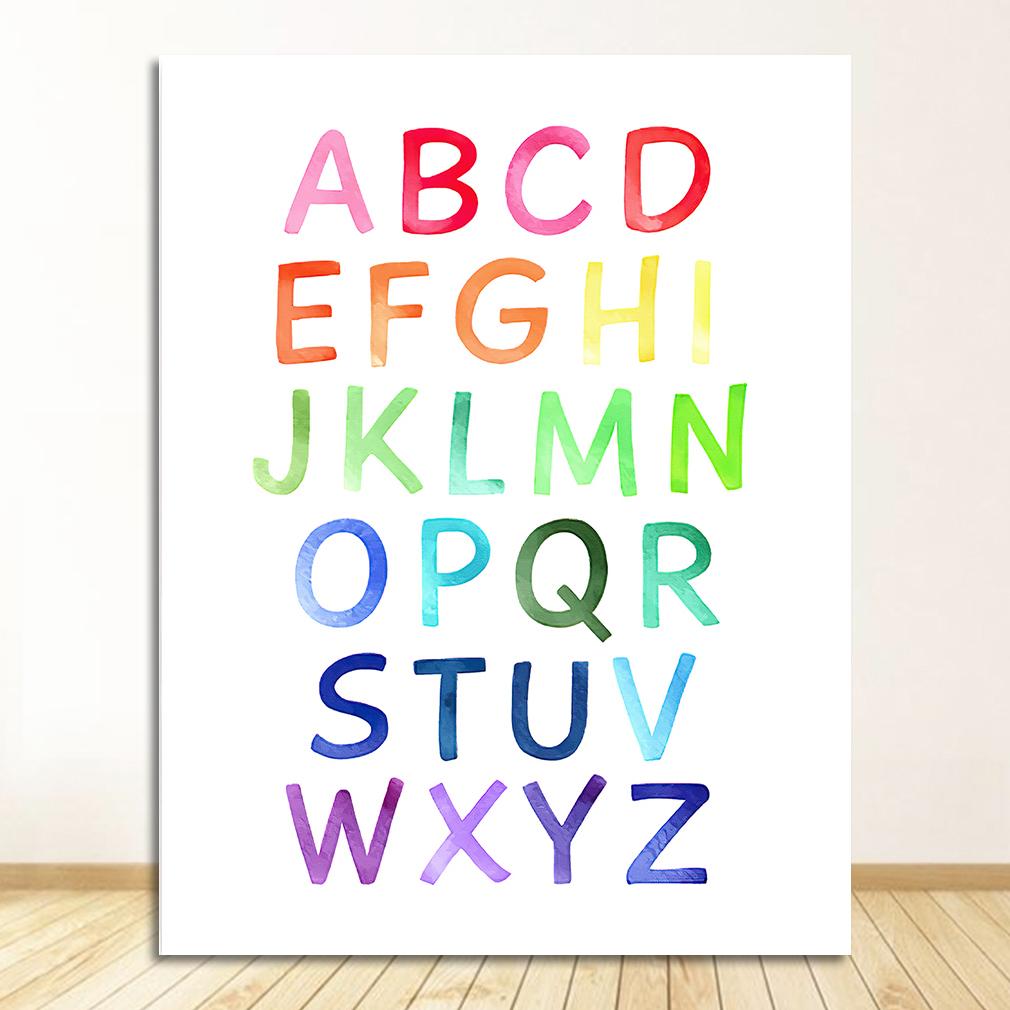 Wystrój Pokoju Dziecięcego Edukacyjny Plakat Sztuka na Ścianę dla Dzieci Wydruki na Płótnie Neutralna Dekoracja Pokoju Niemowlęcego Obrazy z Tęczowym Alfabetem w Stylu Akwareli