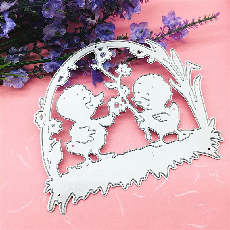 Two Little Yellow Ducks Enjoy The Flower Design Metal Cutting Dies DIY Scrapbooking Embossing Stencil Paper Craft Album Template