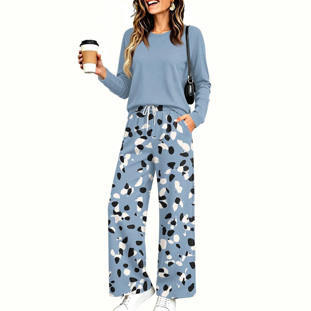 Women's Casual Printed Long Sleeve Round Neck Loose Fit Pajama Set with Pockets for Home Wear