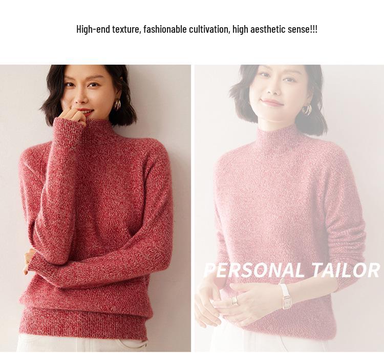 Women's Cashmere Half-High Neck Raglan Sweater - Autumn/Winter Style, 7-Gauge Fancy Yarn, Loose Knit Pullover.